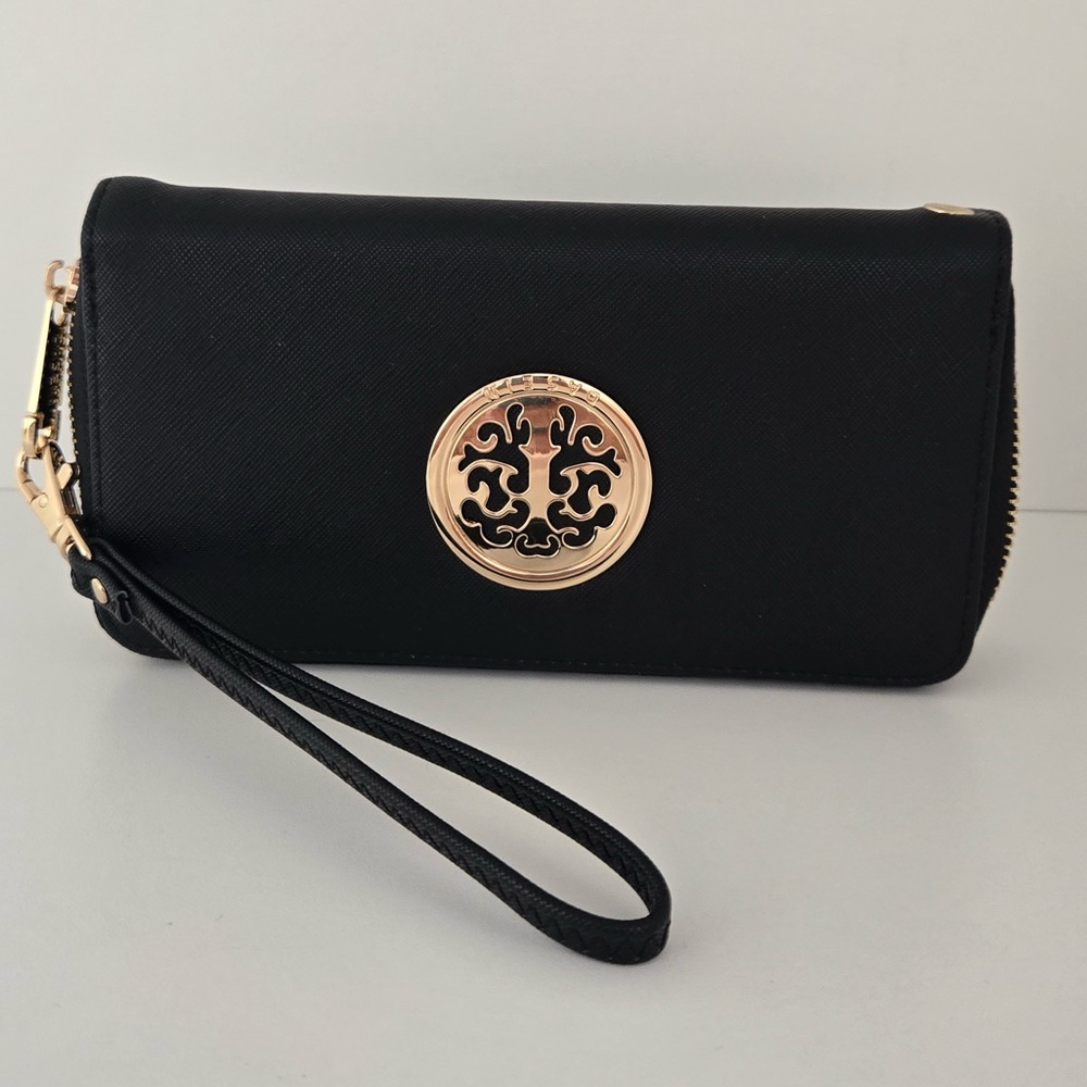 Dasein Black Zip Around Wallet Clutch w/ Gold Medallion Logo & Wristlet Strap